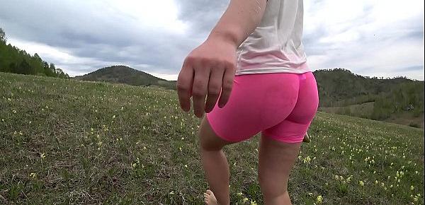  Lesbian with a bottle fucks girlfriend in hairy pussy. Wet juicy booty doggystyle in shorts outdoors.